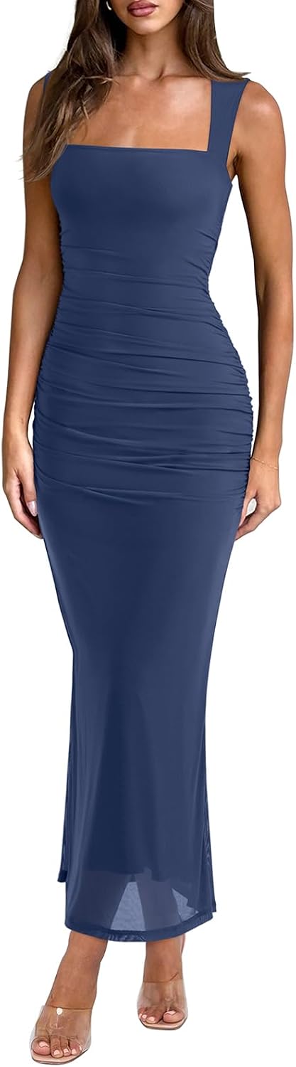 Sheer Mesh Square Neck Ruched Maxi Dress - Denim Blue