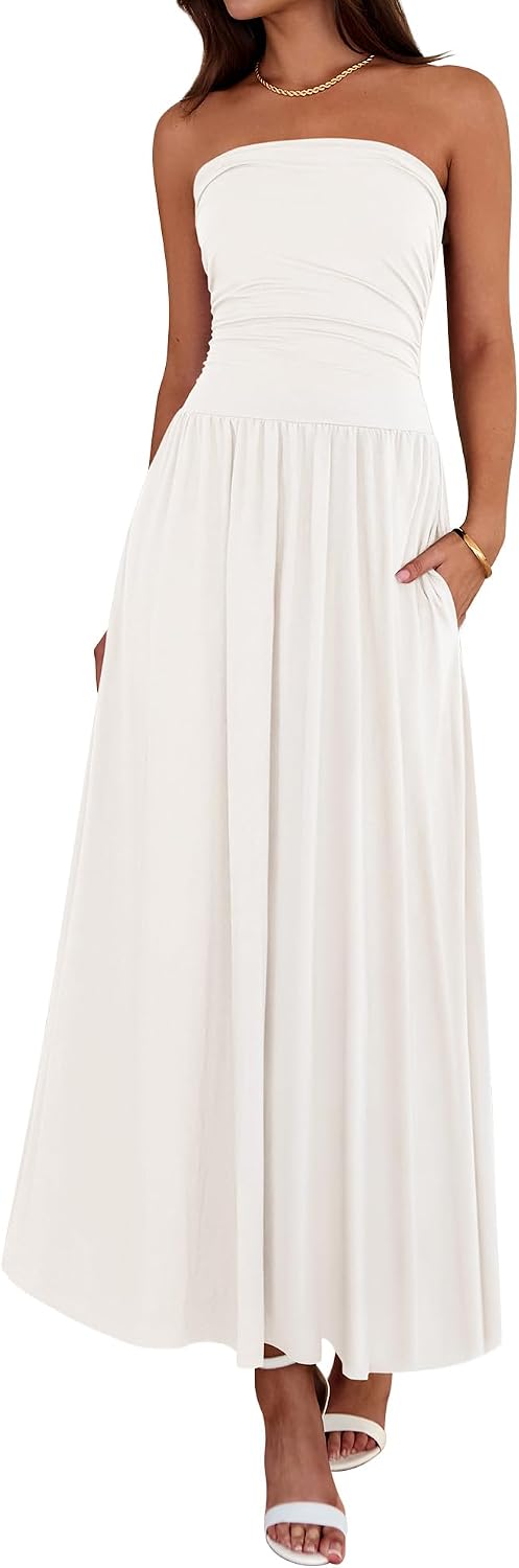 Strapless Ruched Maxi Sundress with Pockets - White