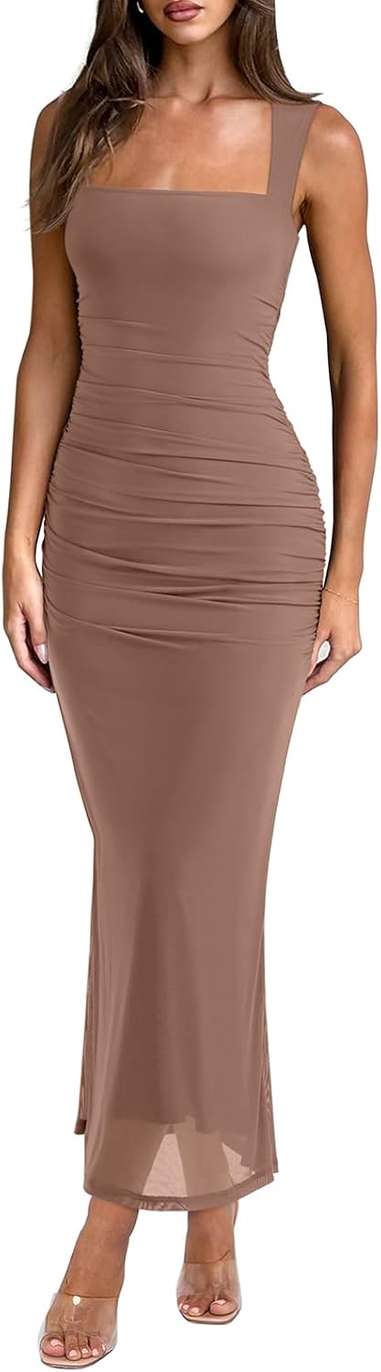 Sheer Mesh Square Neck Ruched Maxi Dress - Chanterelle