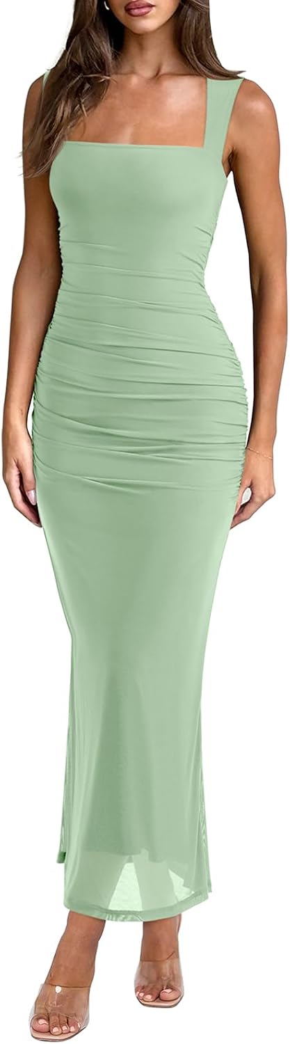 Sheer Mesh Square Neck Ruched Maxi Dress - Sage Green