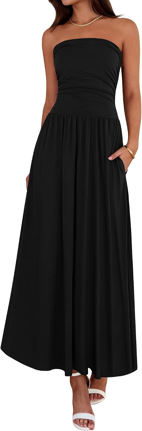 Strapless Ruched Maxi Sundress with Pockets - Black