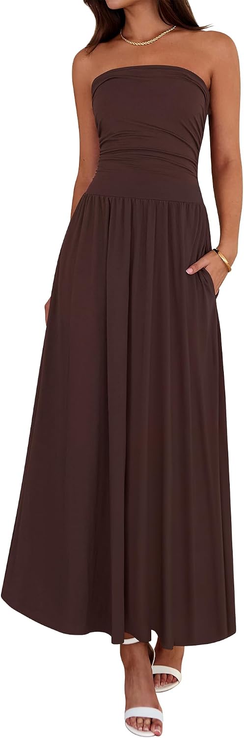 Strapless Ruched Maxi Sundress with Pockets - Brown