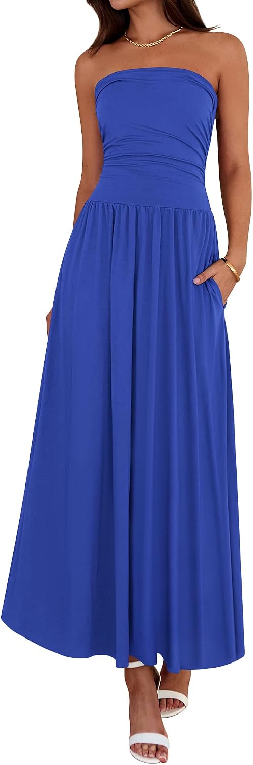 Strapless Ruched Maxi Sundress with Pockets - Royal Blue