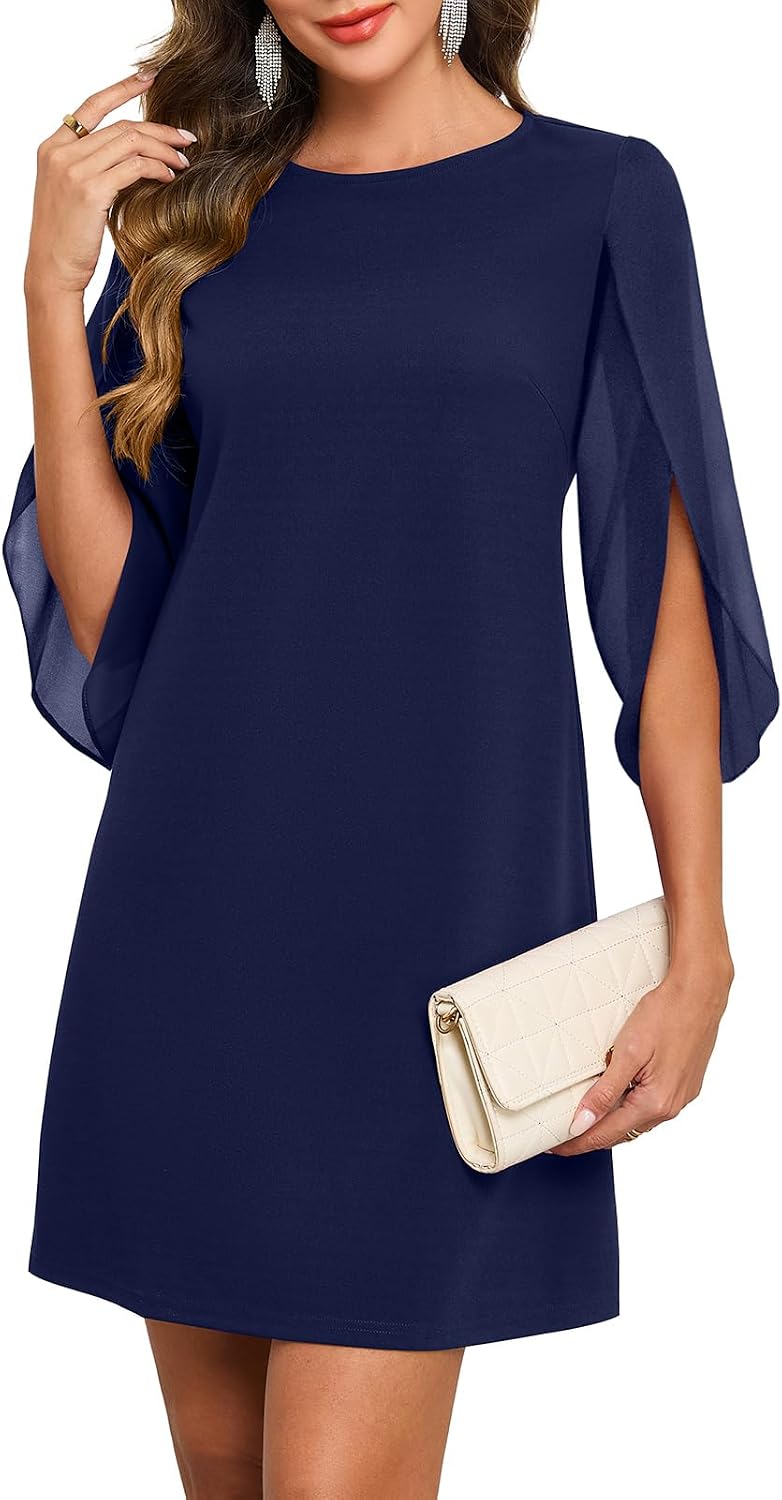 Flutter Sleeve Chiffon Knee Length Cocktail Dress - Navy Blue