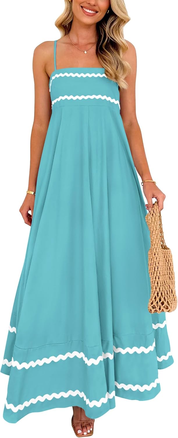 Boho Spaghetti Strap Ruffle Maxi Sundress - Aqua Green