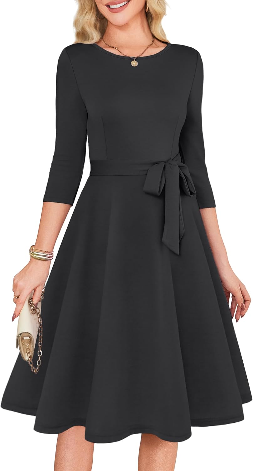 3/4 Sleeve Vintage Cocktail Dress with Belt - Off Black