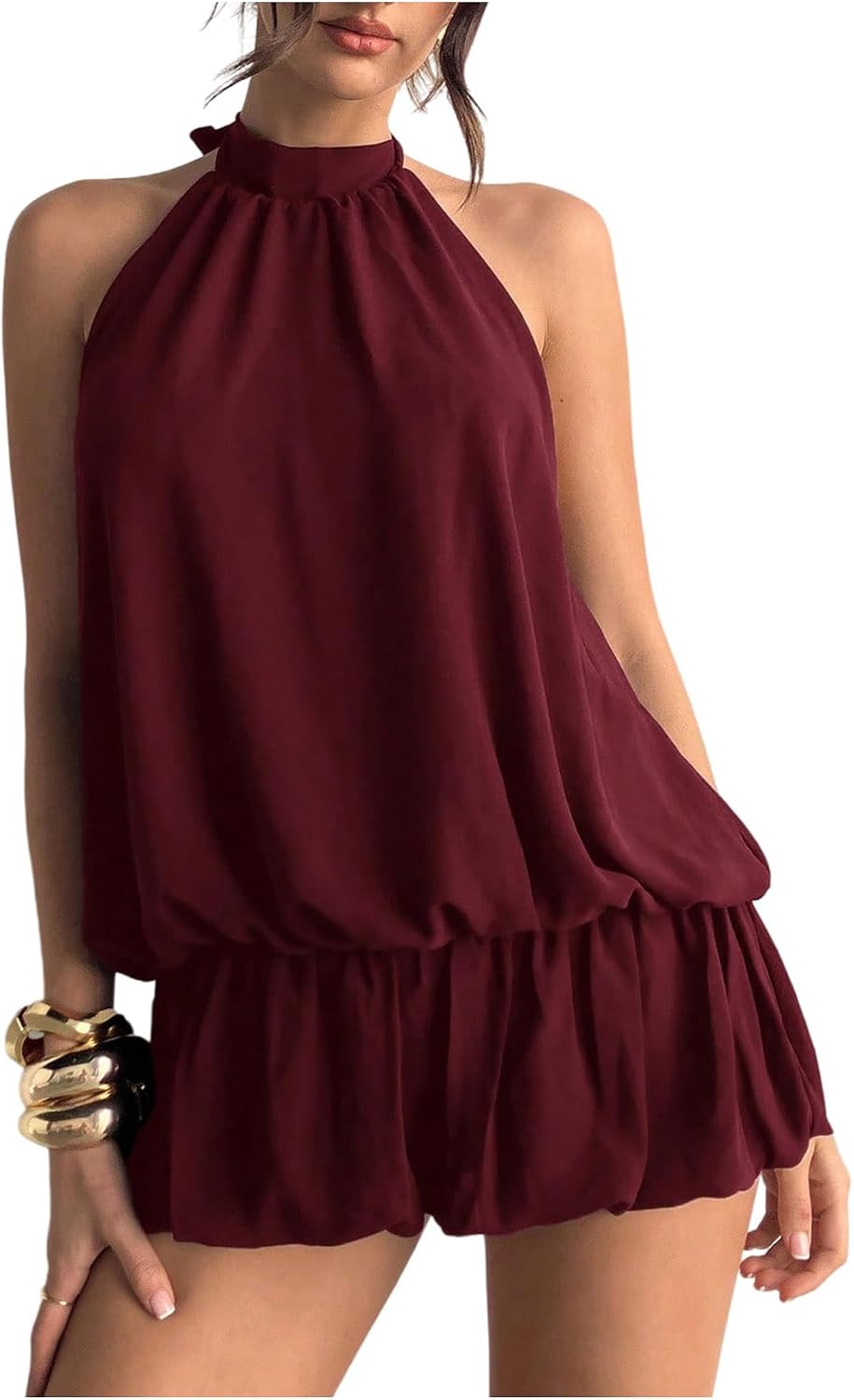 Chiffon Halter Bubble Hem Mini Dress, Backless - Burgundy