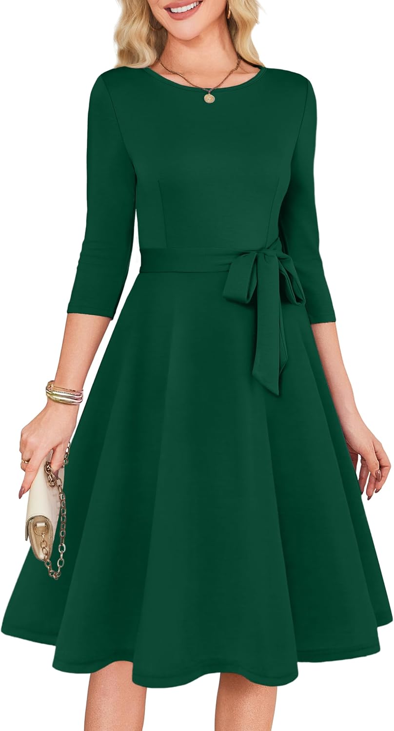 3/4 Sleeve Vintage Cocktail Dress with Belt - Dark Green