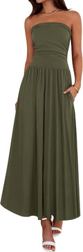 Strapless Ruched Maxi Sundress with Pockets - Army Green