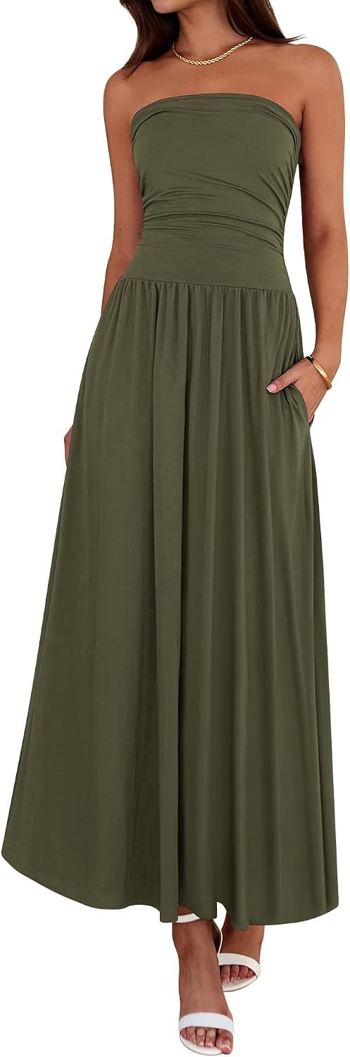 Strapless Ruched Maxi Sundress with Pockets - Army Green