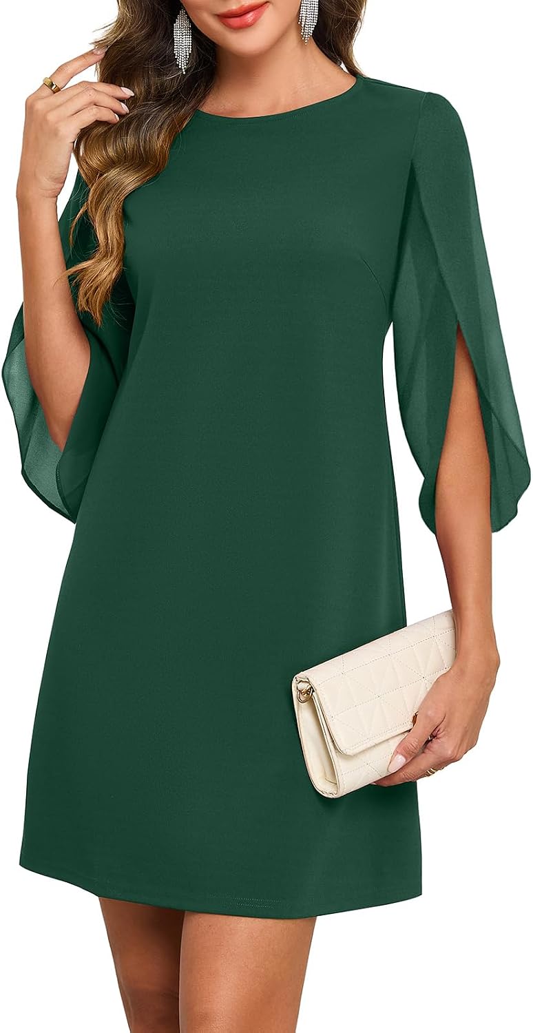 Flutter Sleeve Chiffon Knee Length Cocktail Dress - Dark Green