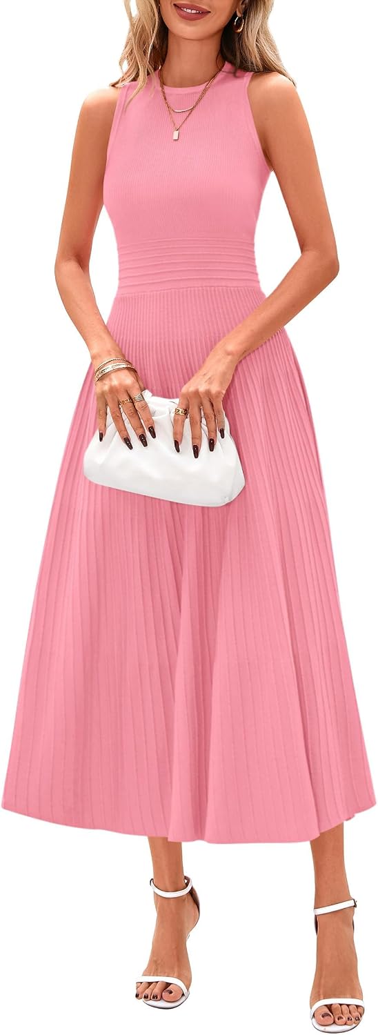 Sleeveless Pleated Knit A-Line Midi Work Dress - Pink