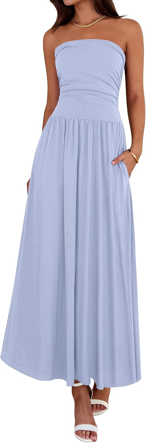 Strapless Ruched Maxi Sundress with Pockets - Light Blue