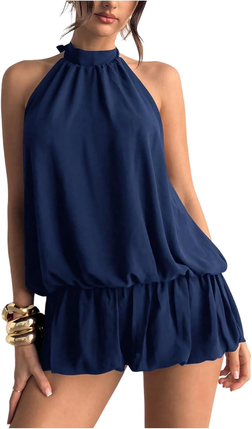 Chiffon Halter Bubble Hem Mini Dress, Backless - Dark Blue