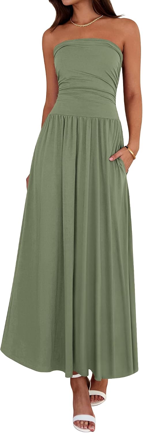 Strapless Ruched Maxi Sundress with Pockets - Green