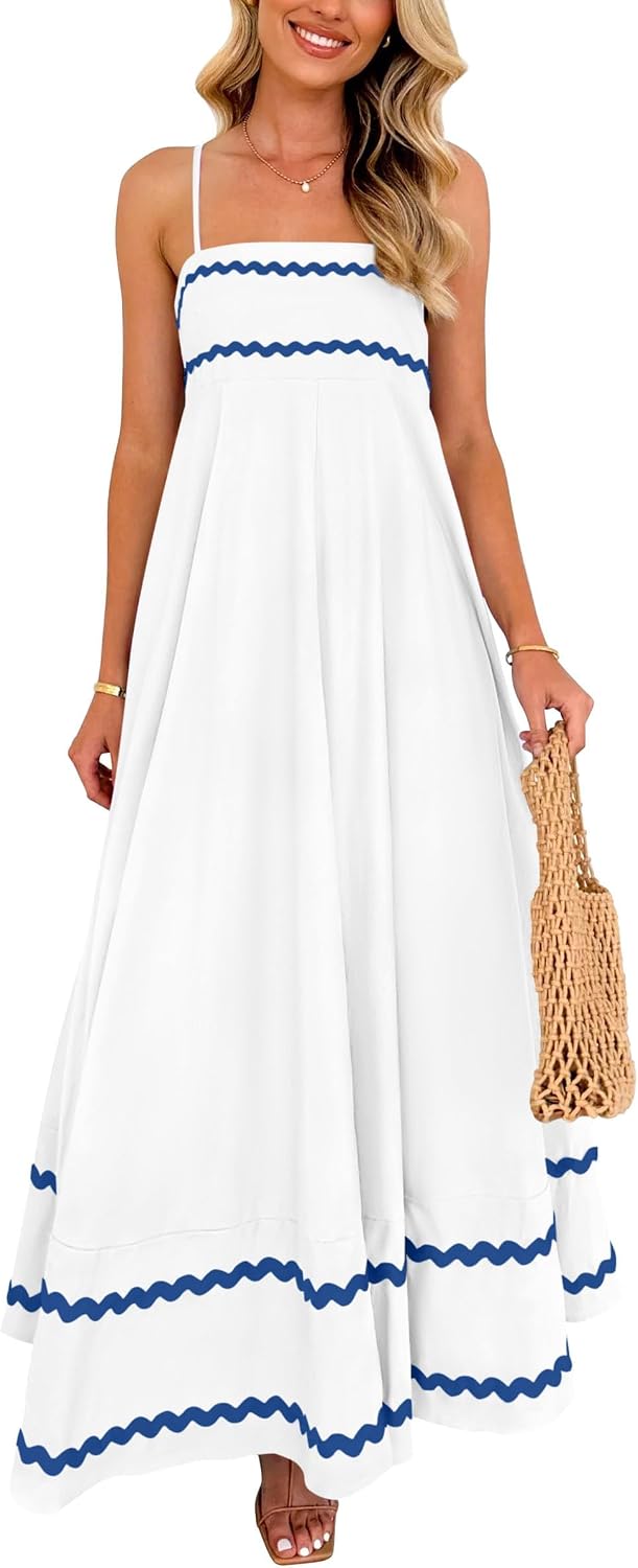Boho Spaghetti Strap Ruffle Maxi Sundress - White Blue