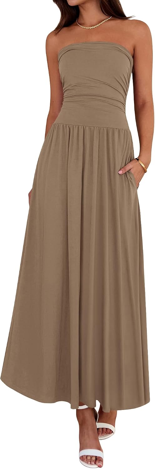 Strapless Ruched Maxi Sundress with Pockets - Khaki