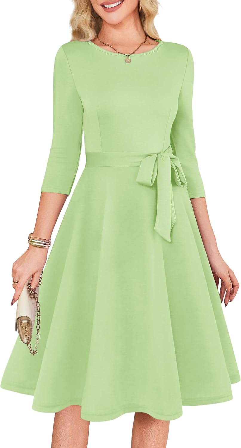 3/4 Sleeve Vintage Cocktail Dress with Belt - Light Green
