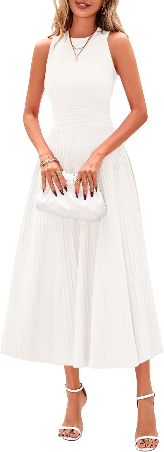 Sleeveless Pleated Knit A-Line Midi Work Dress - White