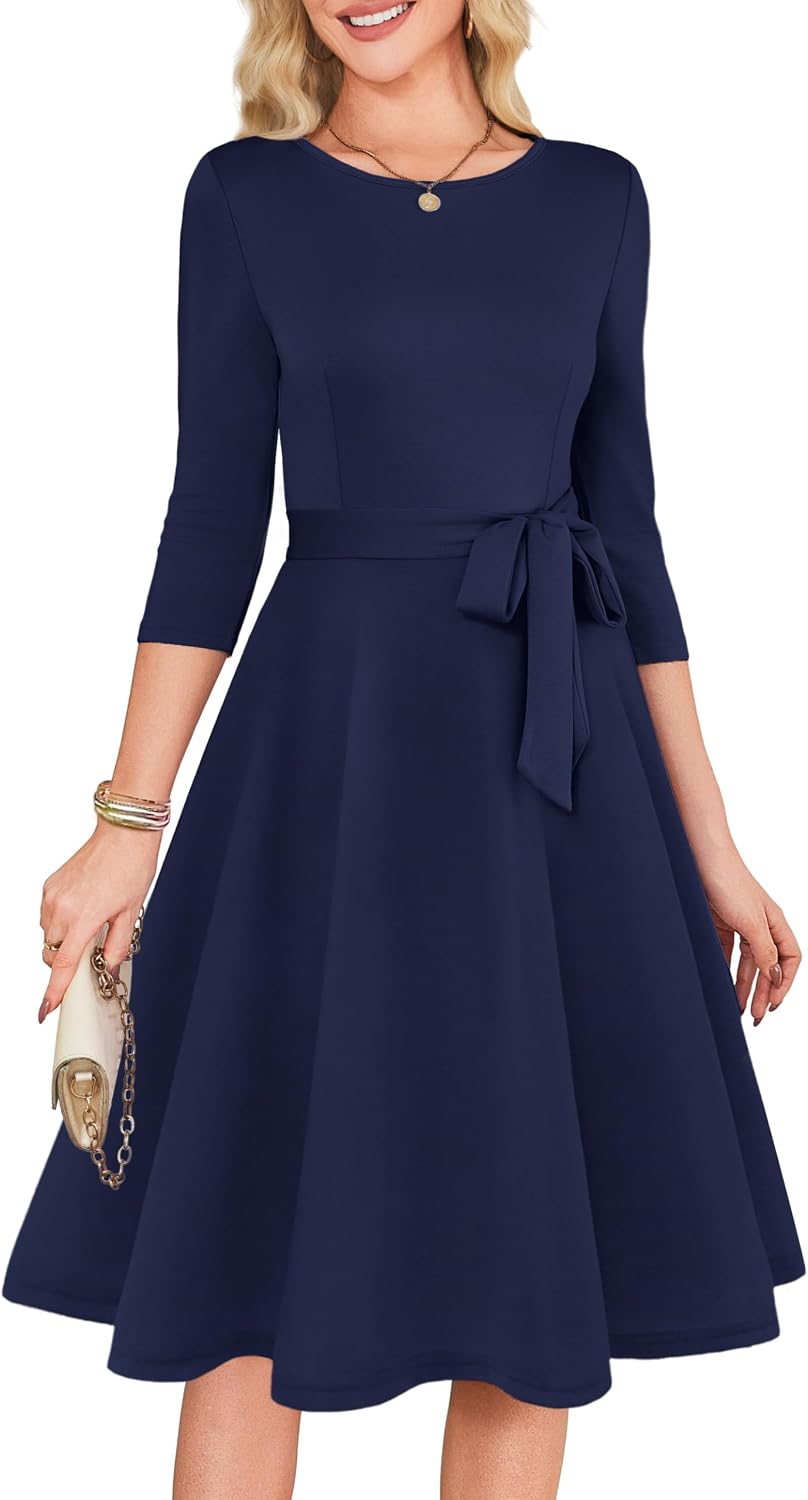 3/4 Sleeve Vintage Cocktail Dress with Belt - Navy