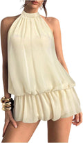 Chiffon Halter Bubble Hem Mini Dress, Backless - Apricot