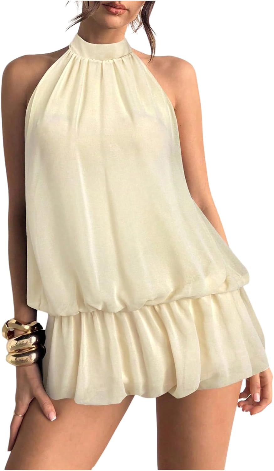 Chiffon Halter Bubble Hem Mini Dress, Backless - Apricot