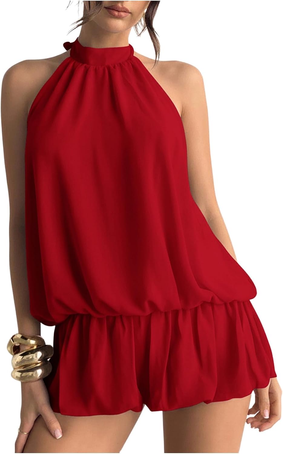 Chiffon Halter Bubble Hem Mini Dress, Backless - Red