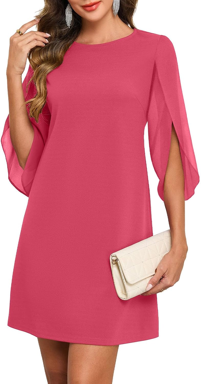 Flutter Sleeve Chiffon Knee Length Cocktail Dress - Watermelon Pink