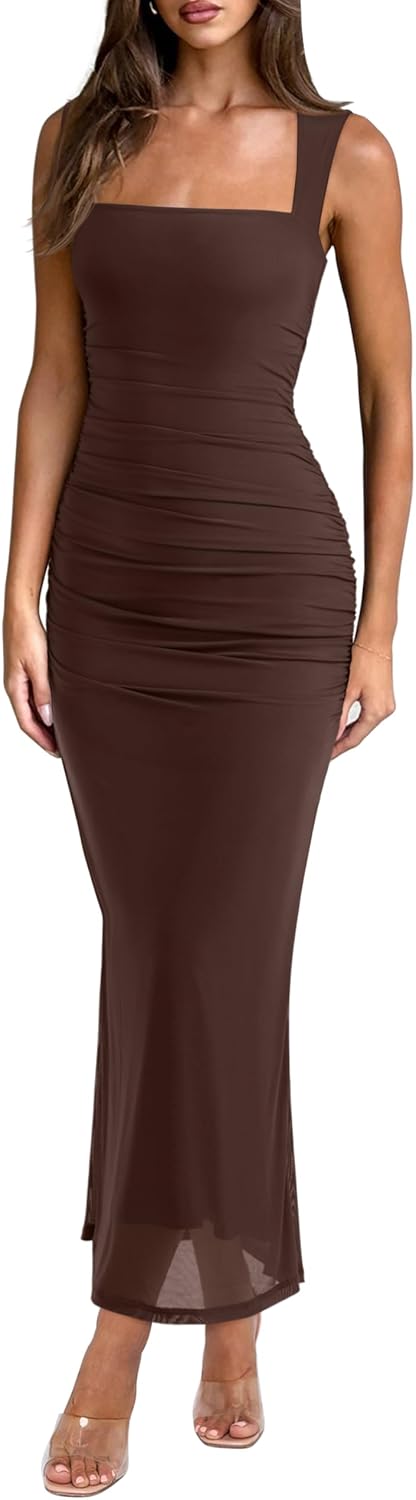 Sheer Mesh Square Neck Ruched Maxi Dress - Shaved Chocolate