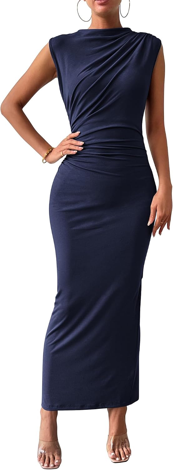 Ruched Bodycon Sleeveless Maxi Dress, Back Slit - Navy