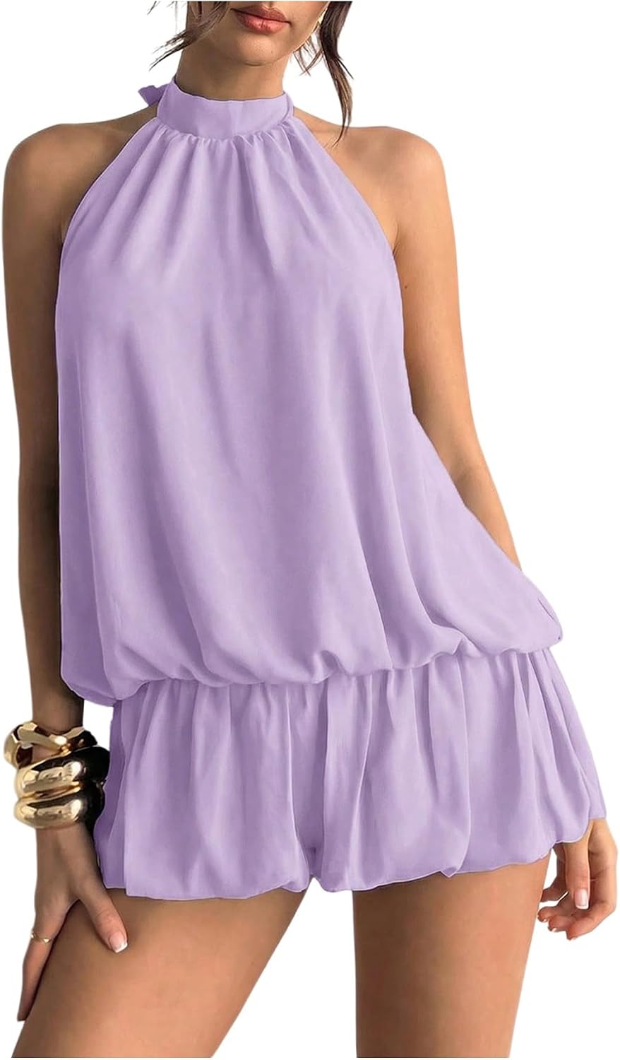 Chiffon Halter Bubble Hem Mini Dress, Backless - Lilac Purple