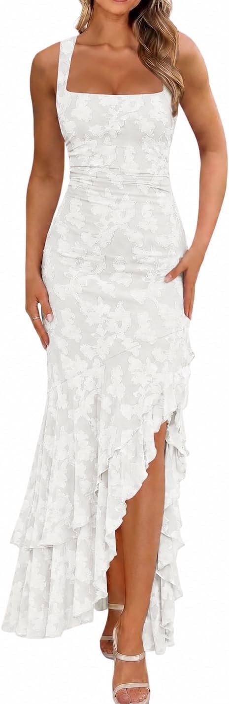Ruched Floral Mermaid Maxi Wedding Guest Dress - White