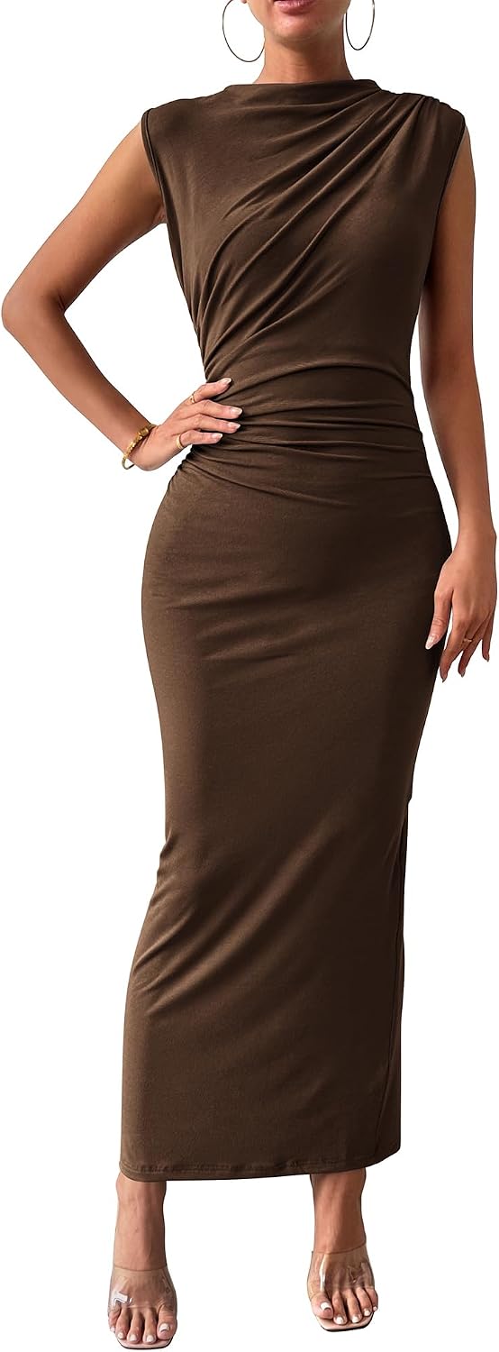 Ruched Bodycon Sleeveless Maxi Dress, Back Slit - Coffee