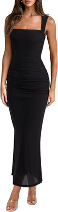 Sheer Mesh Square Neck Ruched Maxi Dress - Black Onyx