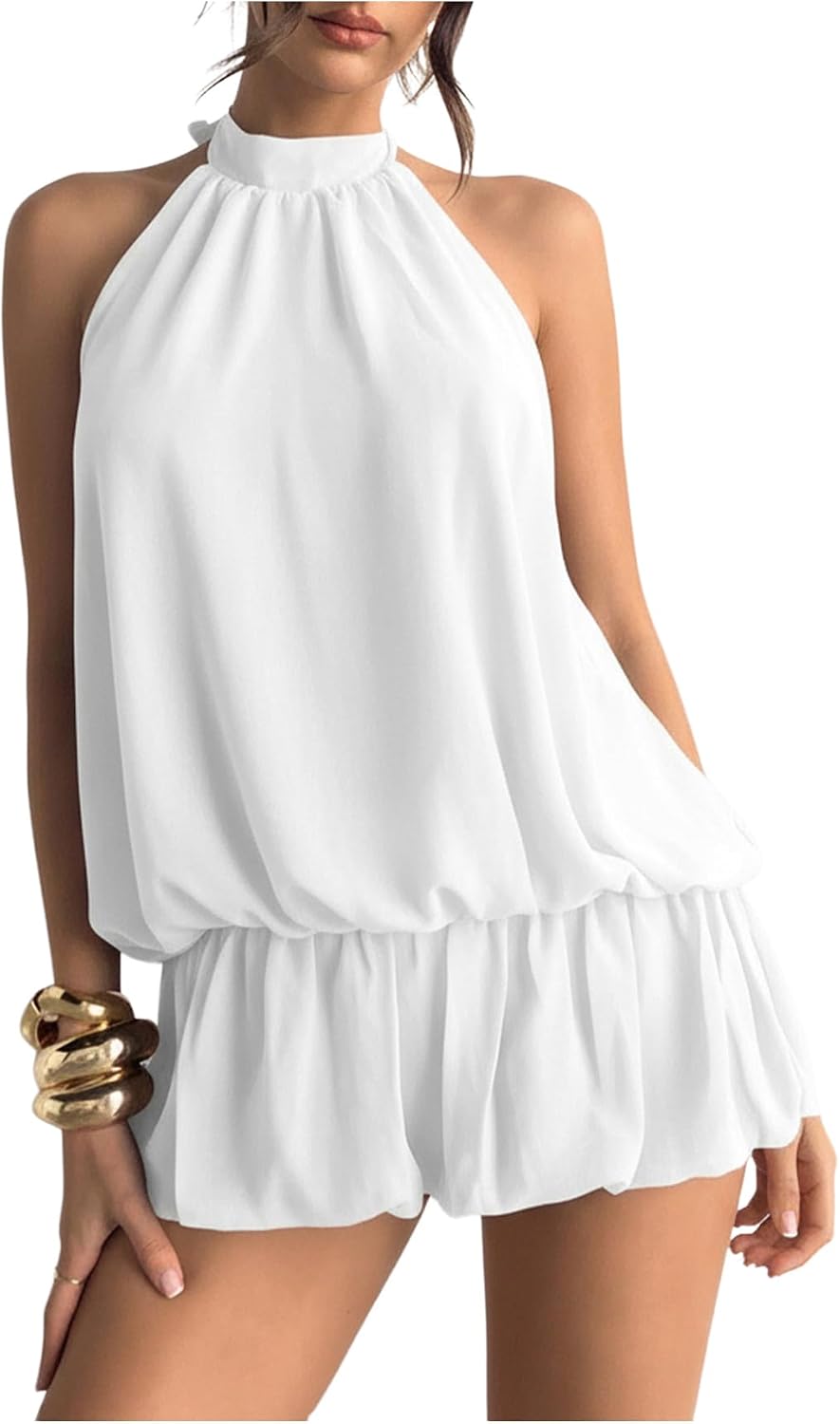 Chiffon Halter Bubble Hem Mini Dress, Backless - White