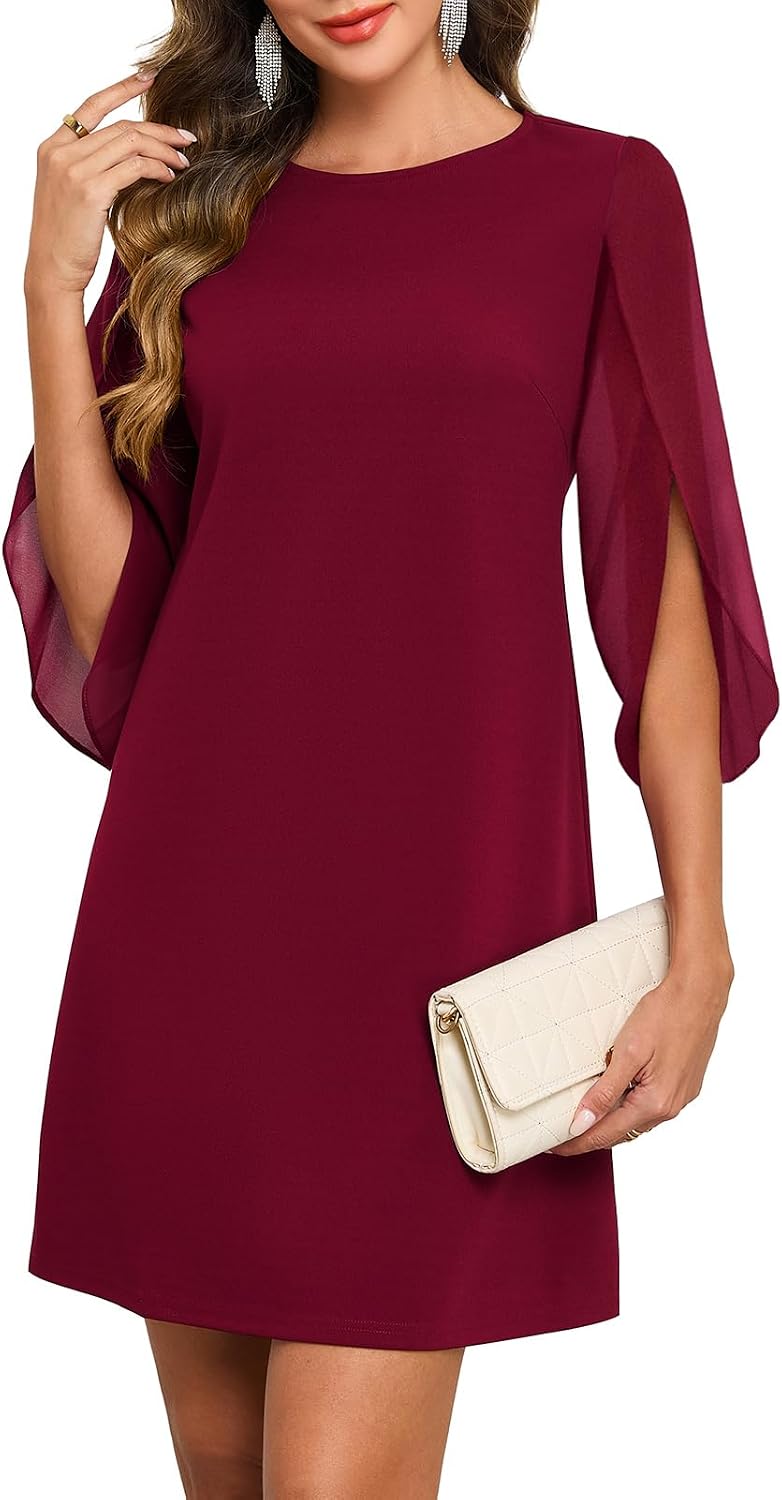 Flutter Sleeve Chiffon Knee Length Cocktail Dress - Wine Red