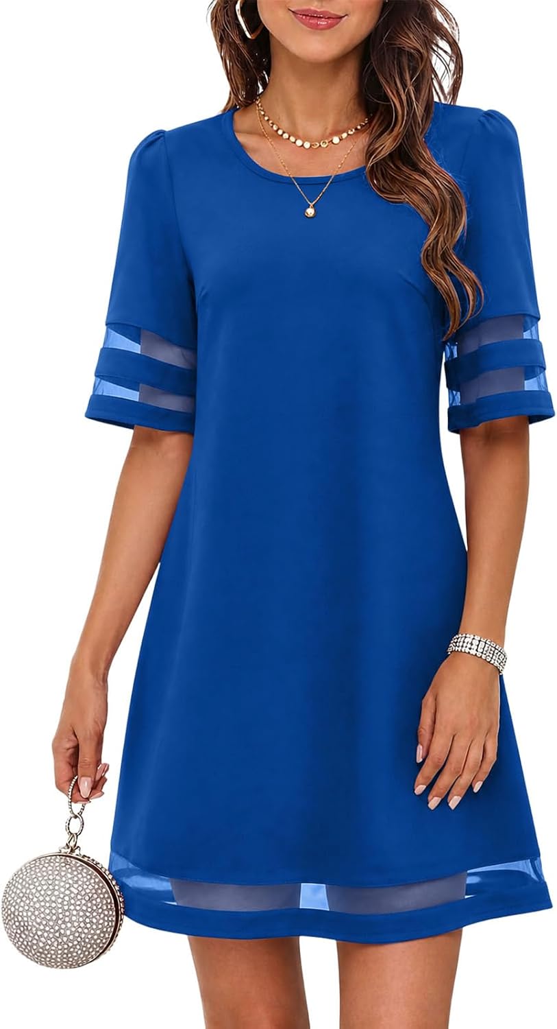 A-Line Mesh Trim Knee Length Wedding Guest Dress - Royal Blue