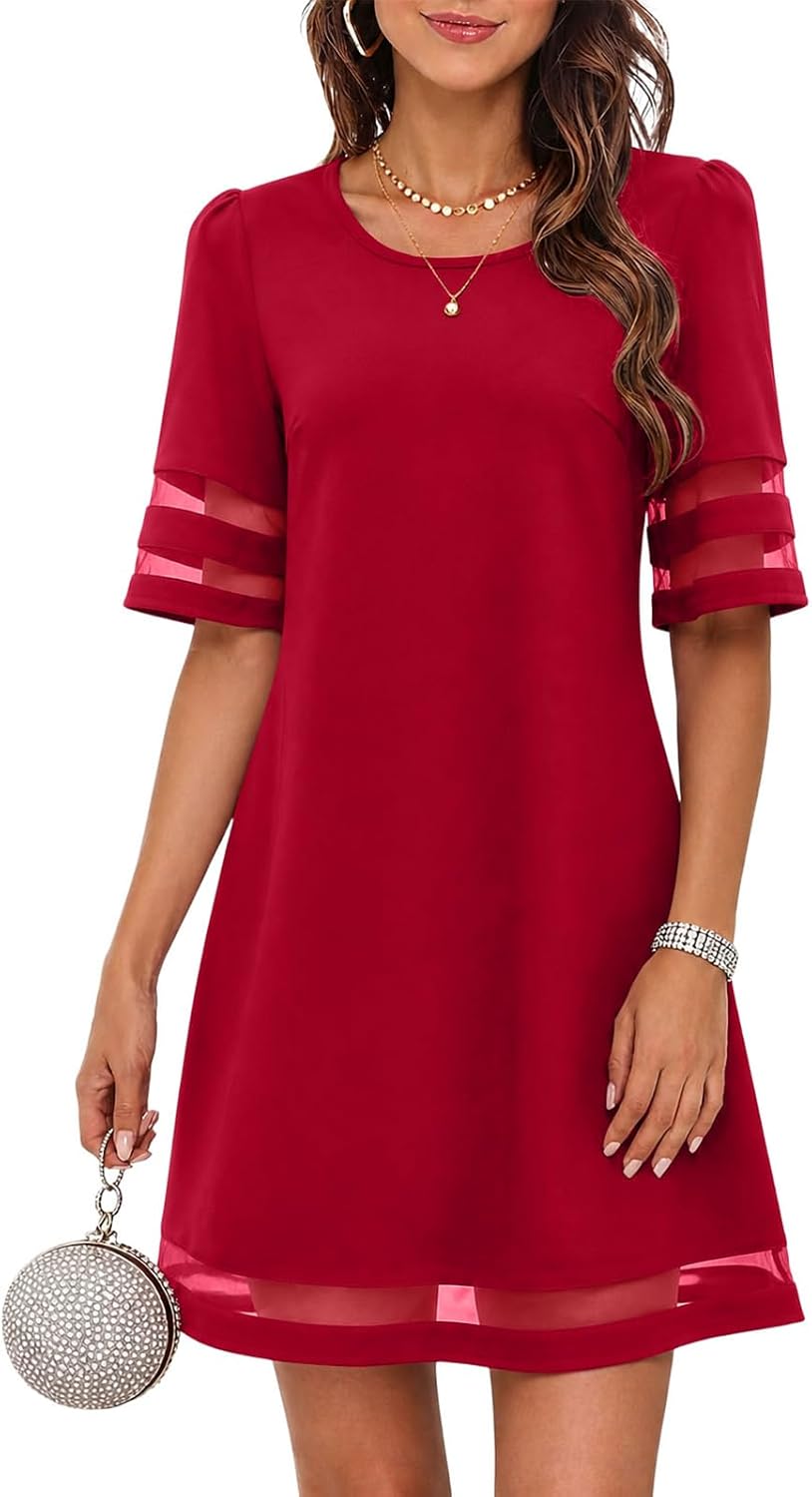 A-Line Mesh Trim Knee Length Wedding Guest Dress - Red