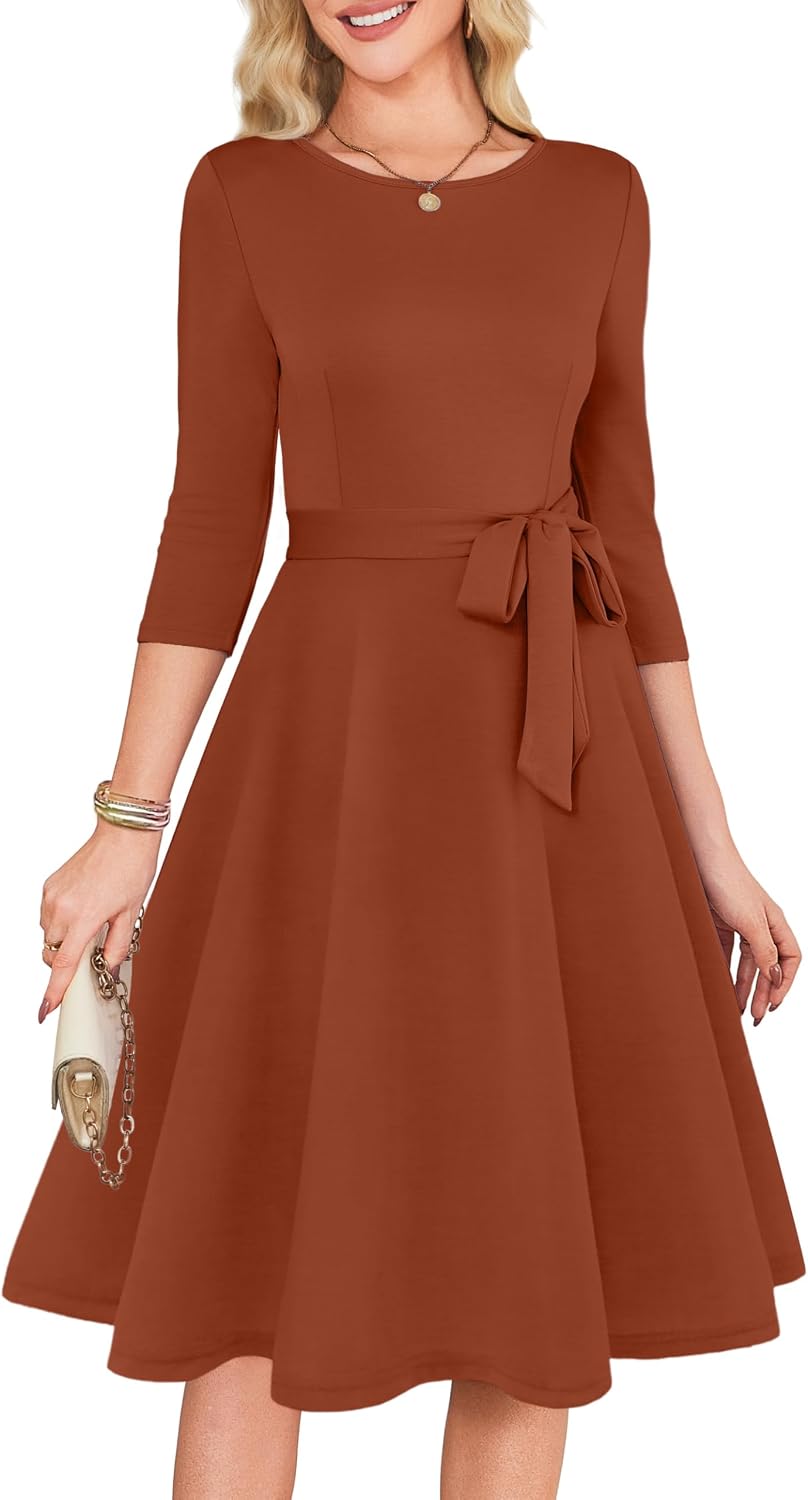 3/4 Sleeve Vintage Cocktail Dress with Belt - Caramel