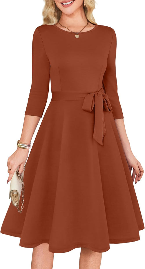 3/4 Sleeve Vintage Cocktail Dress with Belt - Caramel