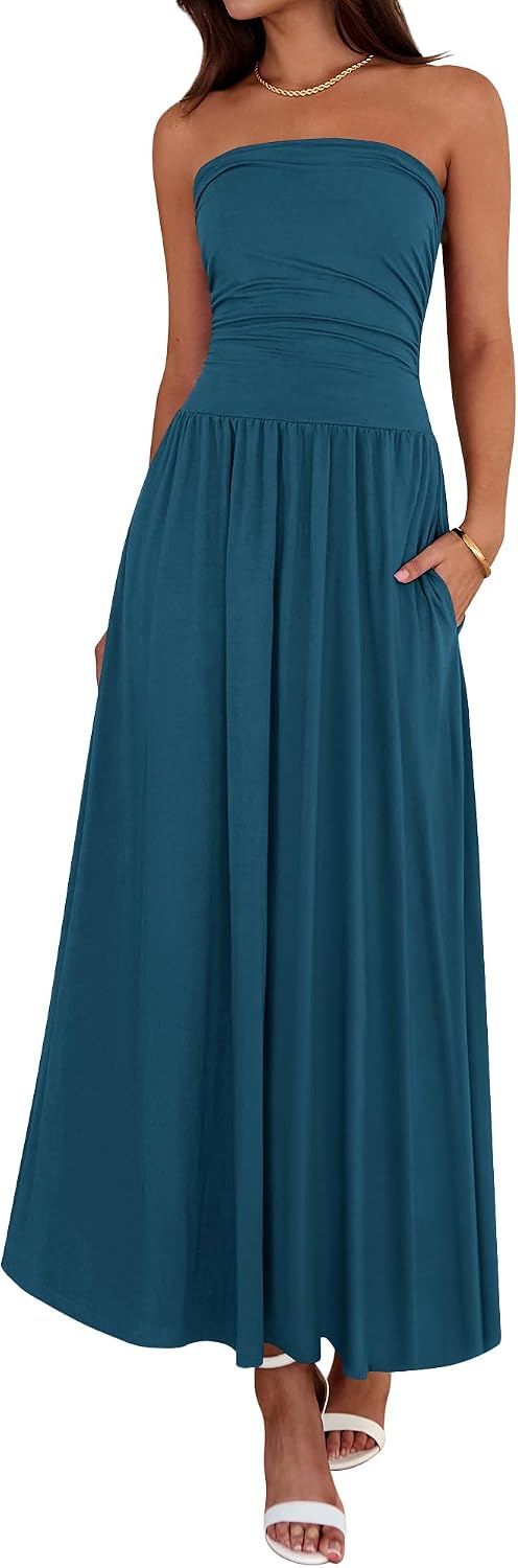 Strapless Ruched Maxi Sundress with Pockets - Dark Blue