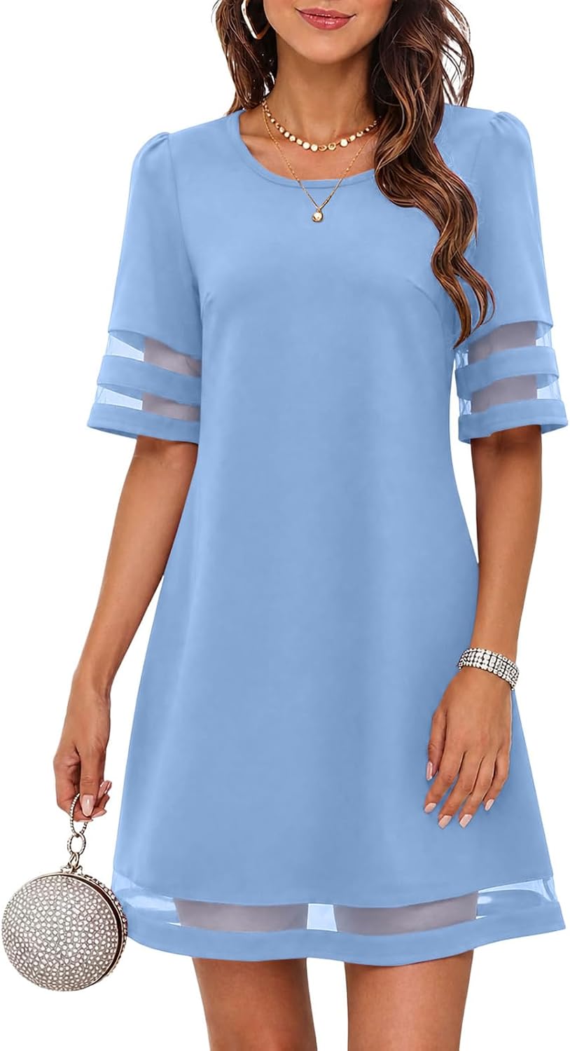 A-Line Mesh Trim Knee Length Wedding Guest Dress - Light Blue