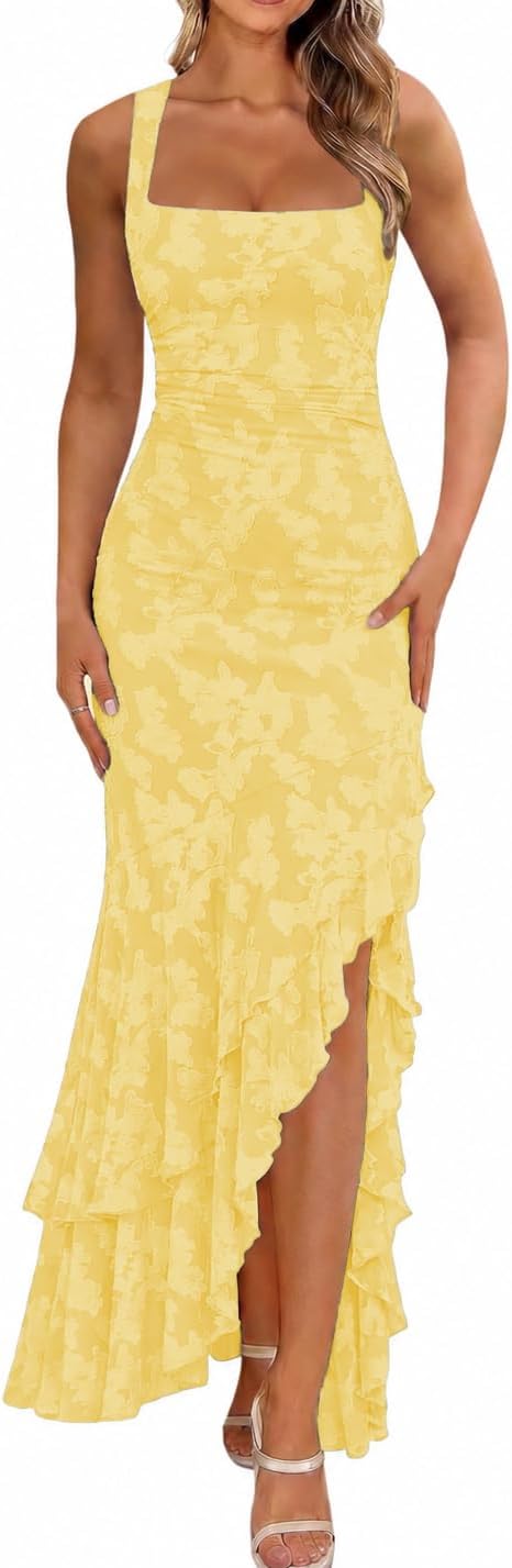 Ruched Floral Mermaid Maxi Wedding Guest Dress - Yellow