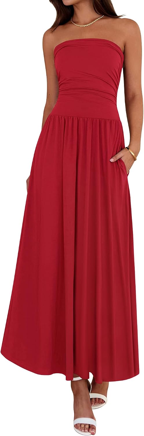 Strapless Ruched Maxi Sundress with Pockets - Red