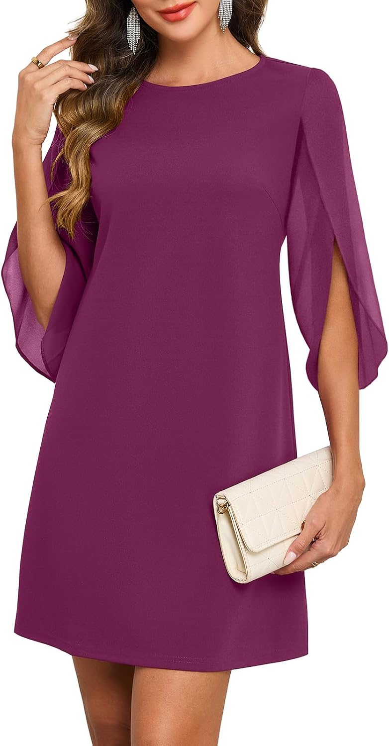 Flutter Sleeve Chiffon Knee Length Cocktail Dress - Purple