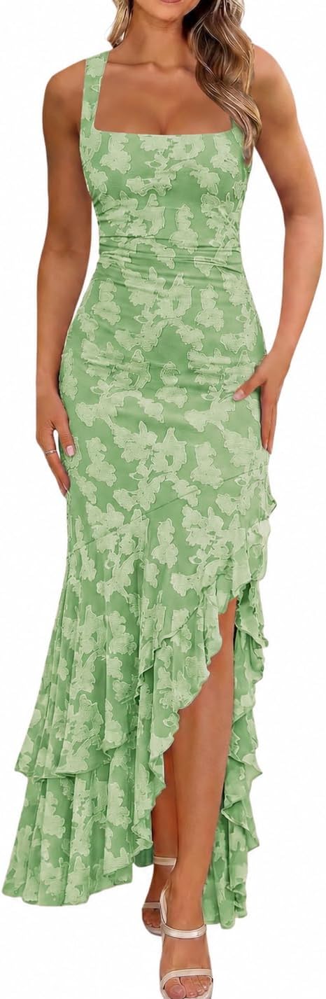 Ruched Floral Mermaid Maxi Wedding Guest Dress - Sage Green