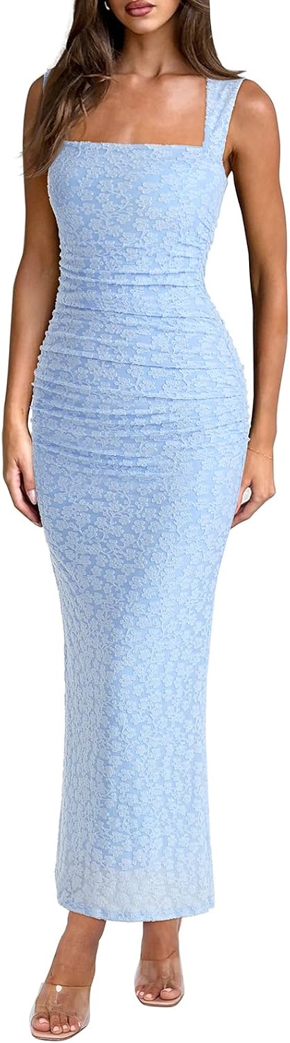 Sheer Mesh Square Neck Ruched Maxi Dress - Light Blue Floral