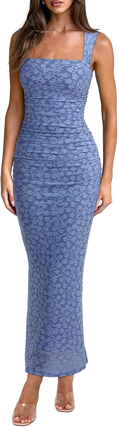 Sheer Mesh Square Neck Ruched Maxi Dress - Blue Floral