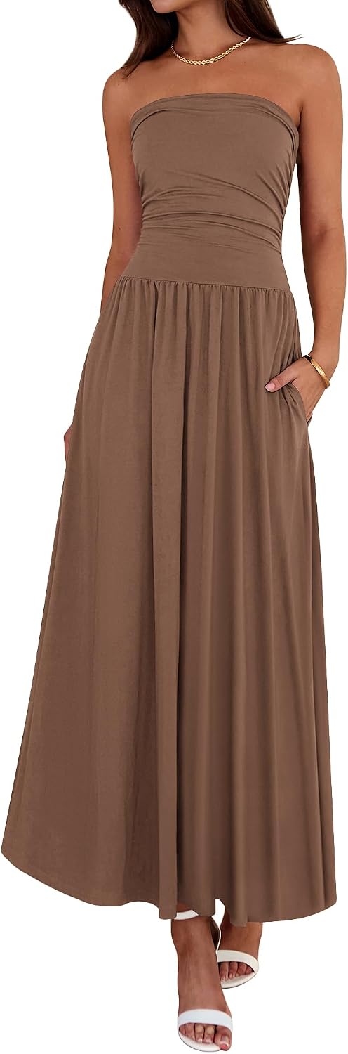Strapless Ruched Maxi Sundress with Pockets - Light Brown