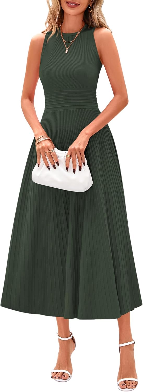 Sleeveless Pleated Knit A-Line Midi Work Dress - Army Green